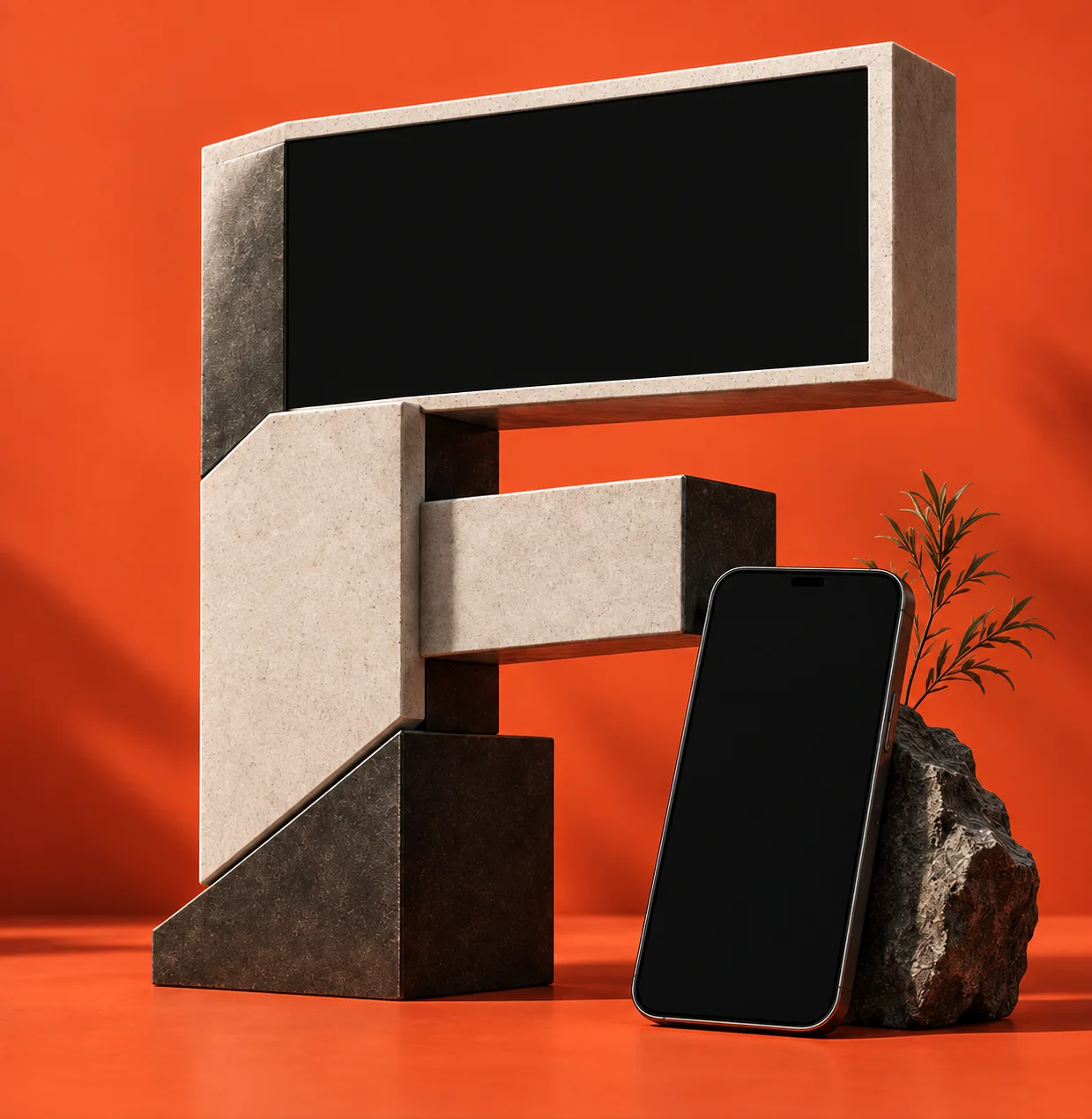A monumental stone letter F with a dark screen set into its top arm, and a phone leaning against a rock beside it, in a vermilion studio.